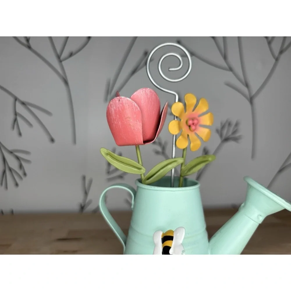 Watering‎ Can Photo Holder Flowers Bee Whimsical Mint Green